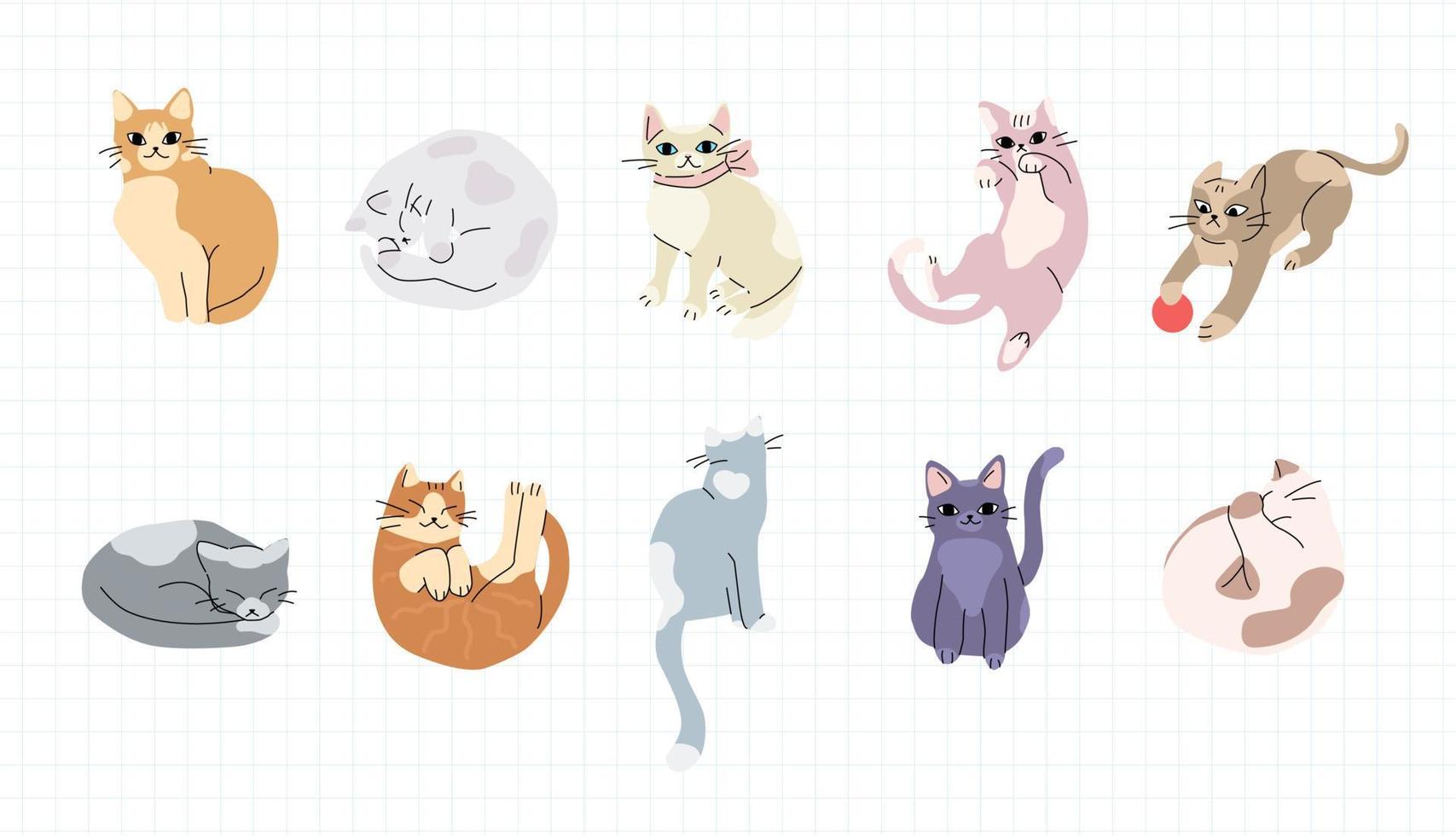 Set of trendy cats for decoration. Playing, sleeping, sitting cats. vector