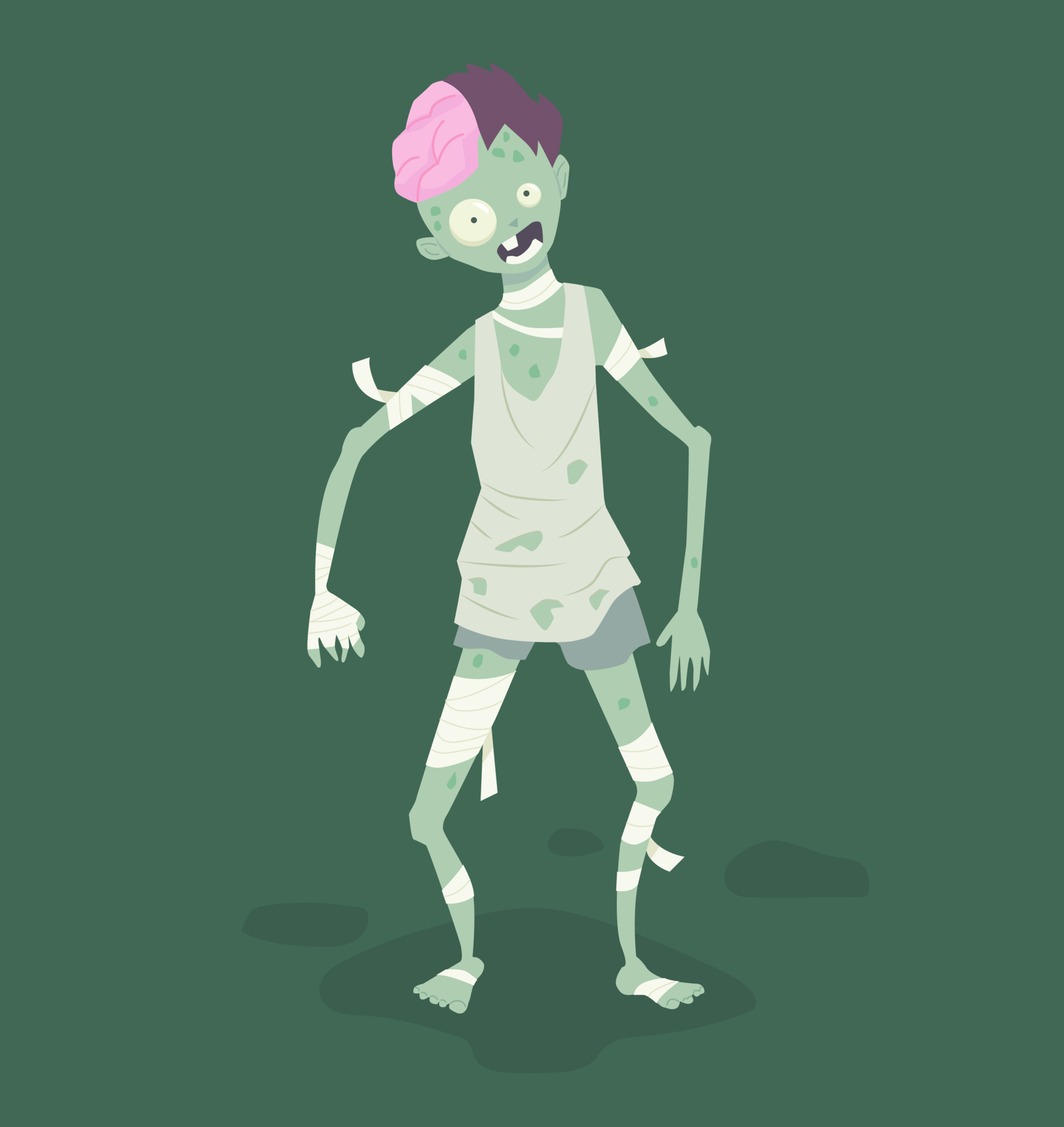 Green zombie with exposed brain and bandage, isolated fantasy character