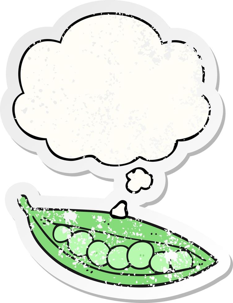 cartoon peas in pod and thought bubble as a distressed worn sticker vector