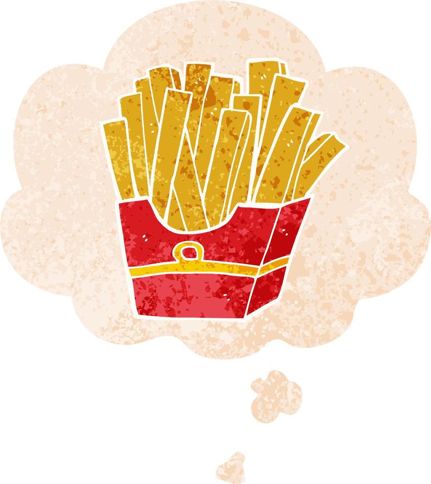 cartoon fries and thought bubble in retro textured style vector