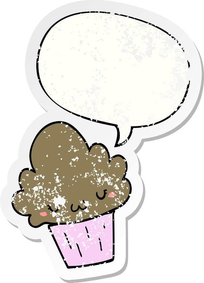 cartoon cupcake and face and speech bubble distressed sticker vector