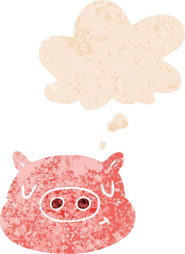 cartoon pig face and thought bubble in retro textured style vector