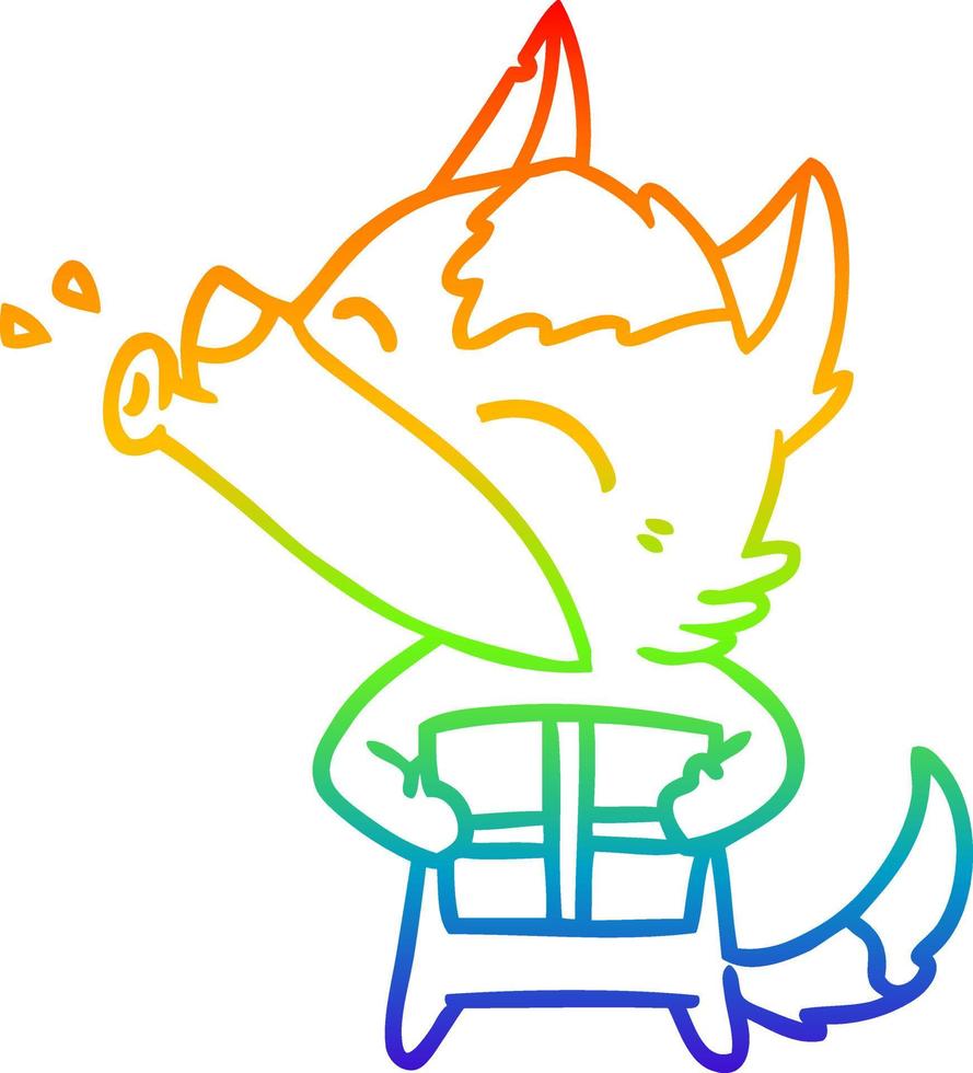 dibujo de línea de gradiente de arco iris lobo aullando con regalo de navidad vector