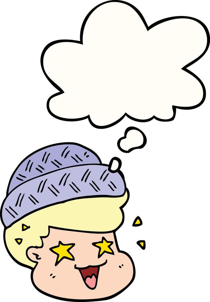 cartoon boy wearing hat and thought bubble vector