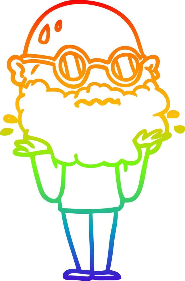 dibujo de la línea de gradiente del arco iris hombre preocupado de dibujos animados con barba y gafas de sol vector