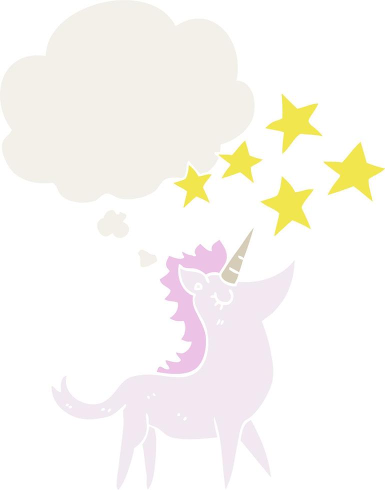 unicornio de dibujos animados y burbuja de pensamiento en estilo retro vector