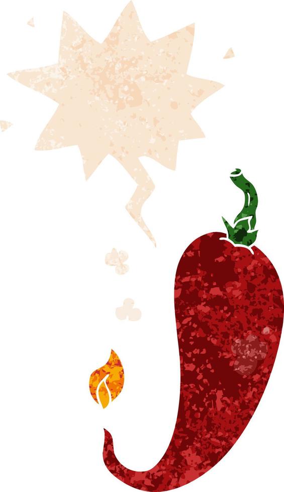 cartoon chili pepper and speech bubble in retro textured style vector