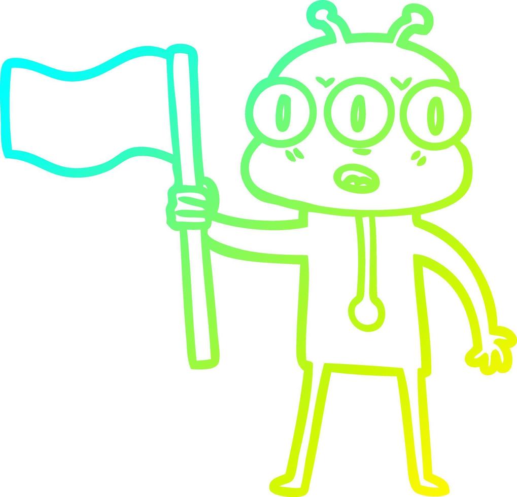 cold gradient line drawing cartoon three eyed alien waving flag vector