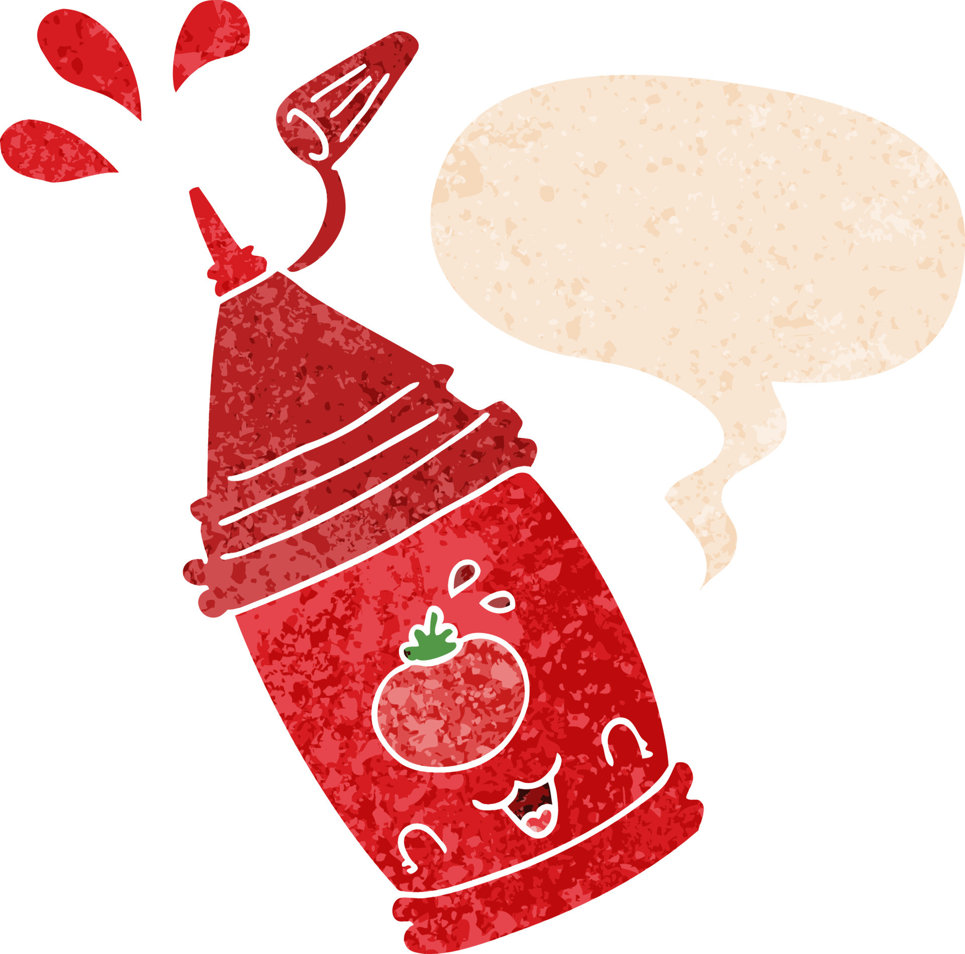 cartoon ketchup bottle and speech bubble in retro textured style