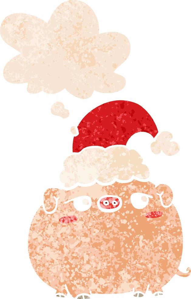 cerdo de dibujos animados con sombrero de navidad y burbuja de pensamiento en estilo retro texturizado vector