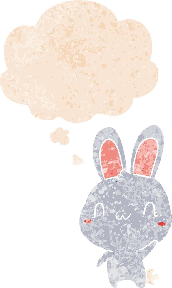 cartoon rabbit waving and thought bubble in retro textured style vector