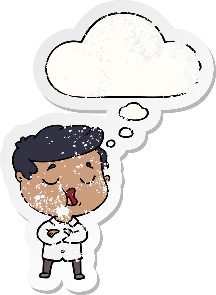 cartoon man talking and thought bubble as a distressed worn sticker vector