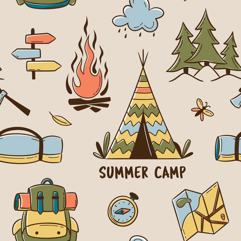 patrón de campamento de verano sin costuras, viajes y noche en el bosque vector