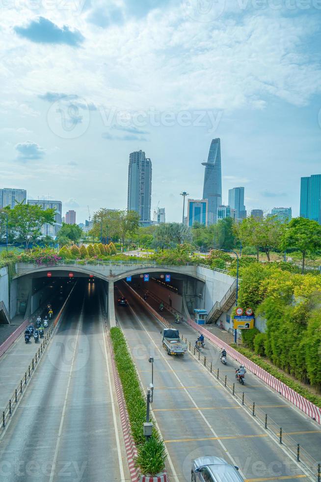 Ho Chi Minh city, Vietnam - FEB 12 2022 Beautiful landscape sunset of Ho Chi Minh city or Sai Gon, Vietnam. Bitexco Financial Tower and skyscraper buildings. Business and landscape concept. photo