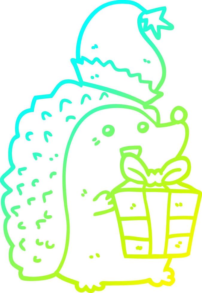 cold gradient line drawing cartoon hedgehog wearing christmas hat vector