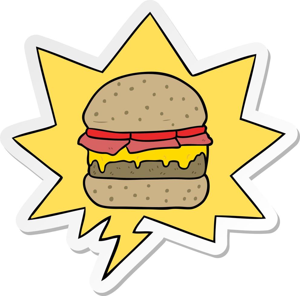 cartoon stacked burger and speech bubble sticker vector