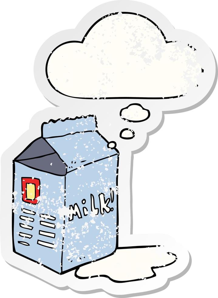 cartoon milk carton and thought bubble as a distressed worn sticker vector