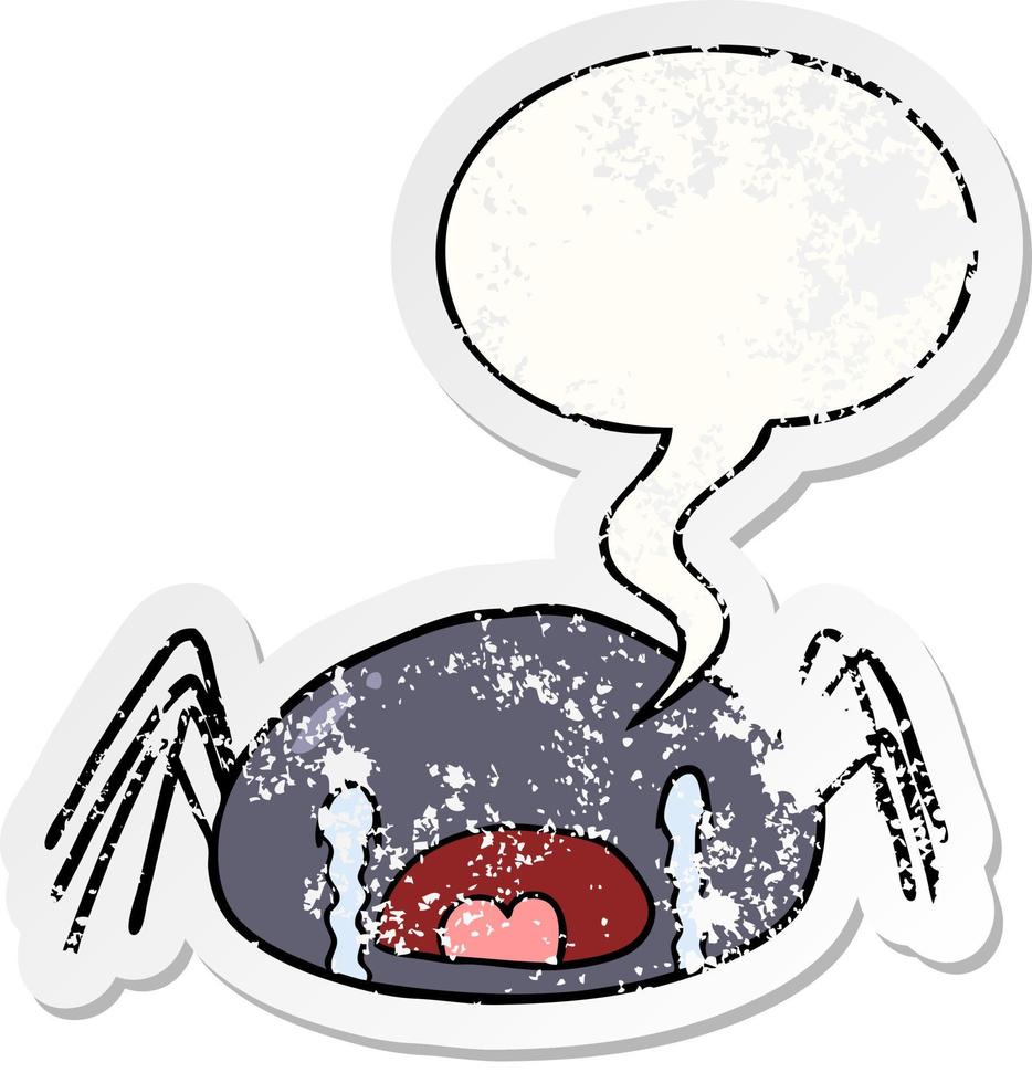 cartoon halloween spider crying and speech bubble distressed sticker vector