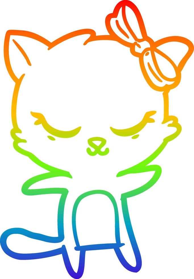 rainbow gradient line drawing cute cartoon cat with bow vector