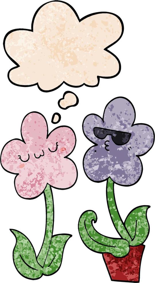 cute cartoon flower and thought bubble in grunge texture pattern style vector