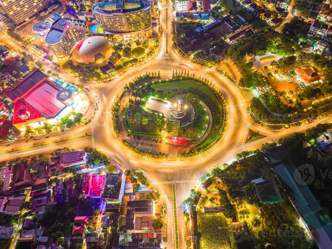 Vung Tau view from above, with traffic roundabout, house, Vietnam war memorial in Vietnam. Long exposure photography at night. photo