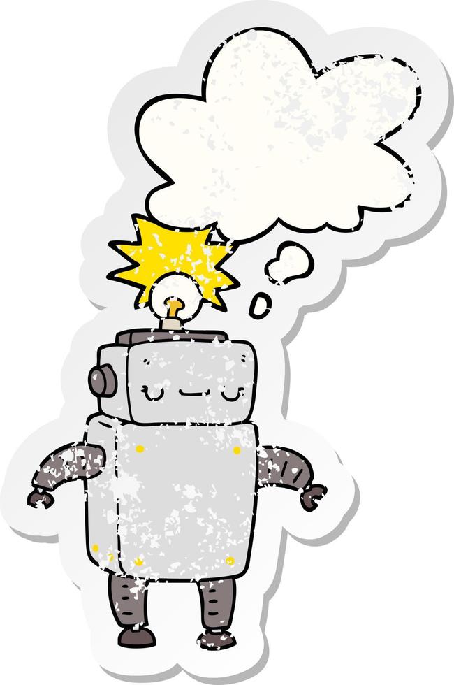 cartoon robot and thought bubble as a distressed worn sticker vector