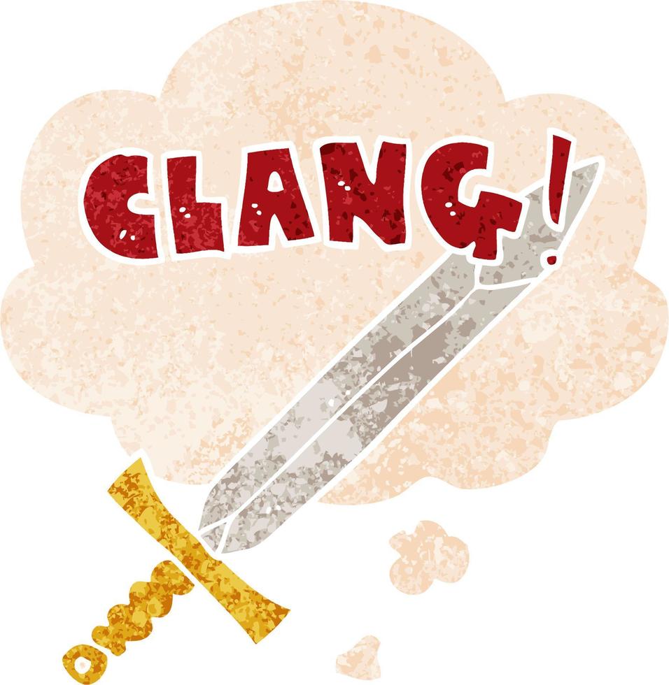 cartoon clanging sword and thought bubble in retro textured style vector