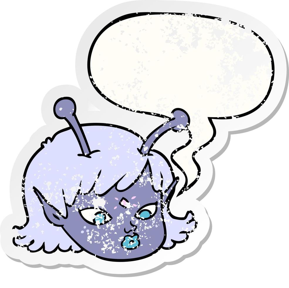 cartoon alien space girl face and speech bubble distressed sticker vector