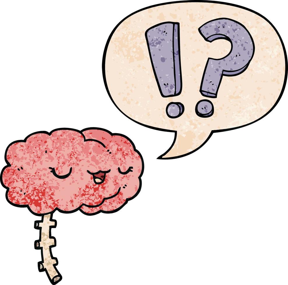 cartoon curious brain and speech bubble in retro texture style vector