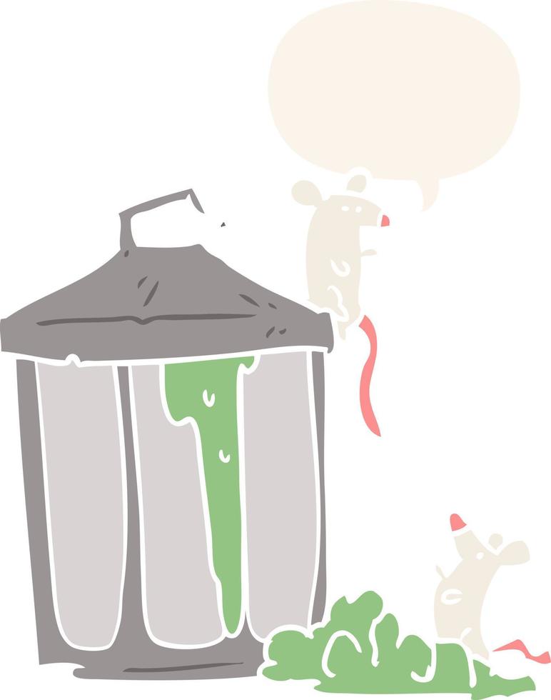 cartoon old metal garbage can and mice and speech bubble in retro style vector