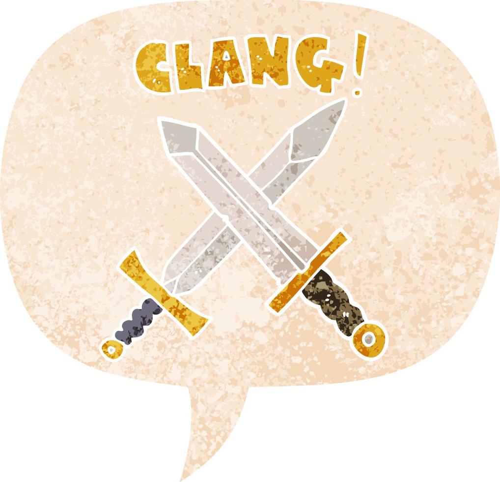 cartoon sword fight and speech bubble in retro textured style vector