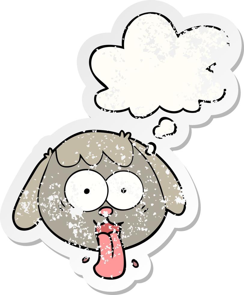 cartoon dog face panting and thought bubble as a distressed worn sticker vector