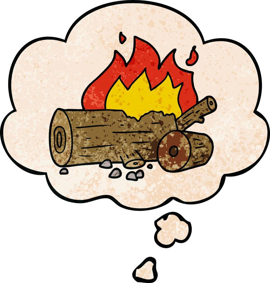 cartoon camp fire and thought bubble in grunge texture pattern style vector