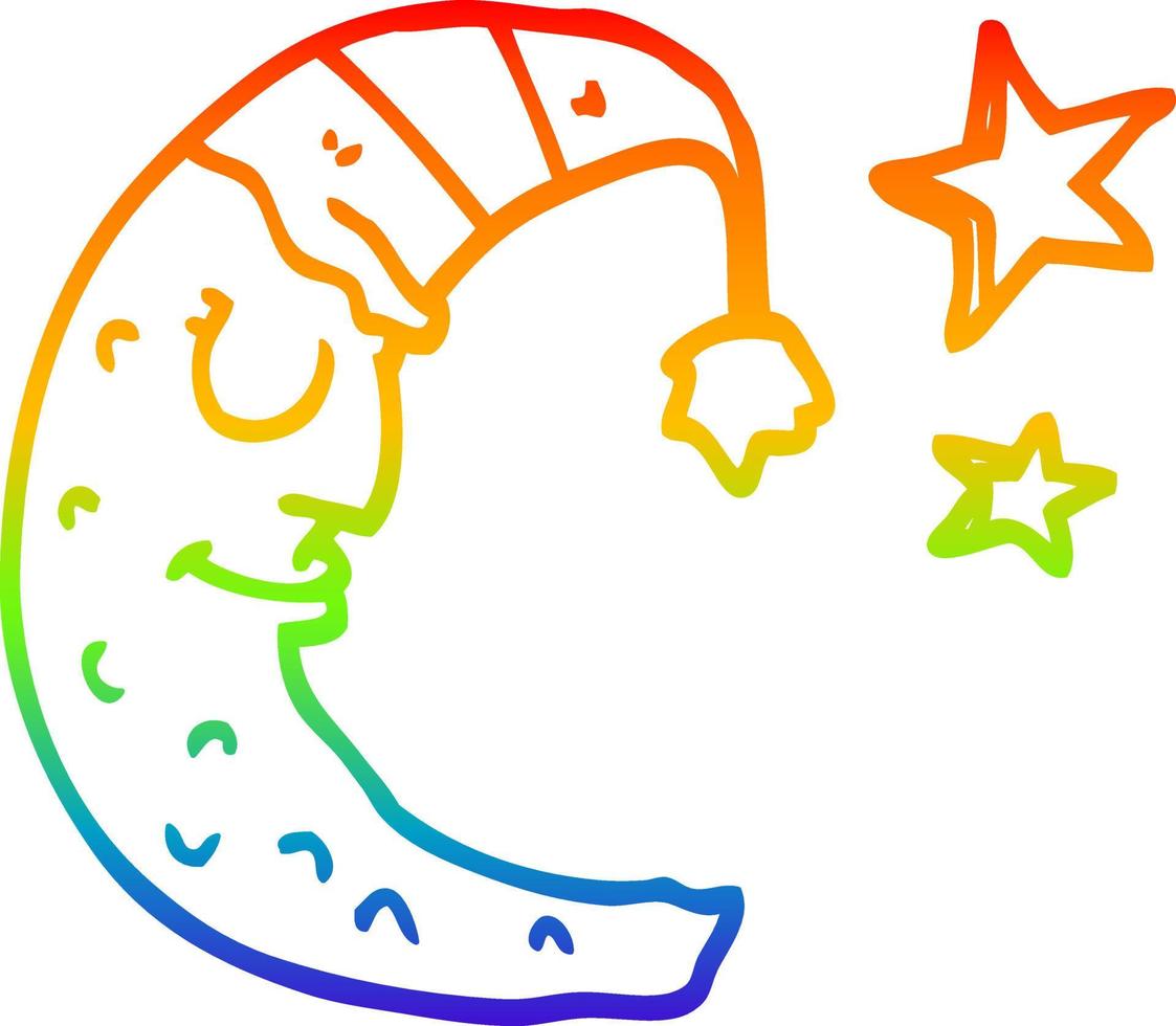 rainbow gradient line drawing cartoon moon with sleeping cap vector