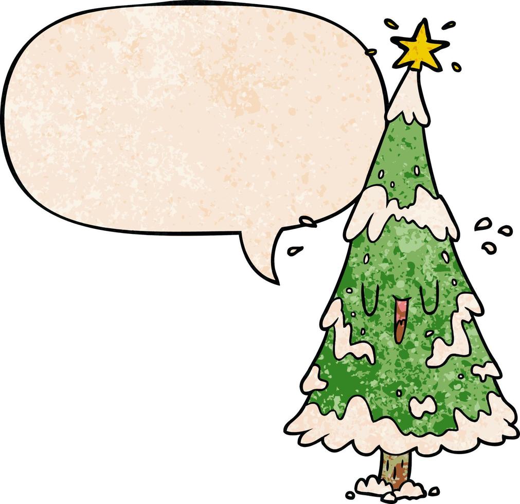 cartoon snowy christmas tree and happy face and speech bubble in retro texture style vector