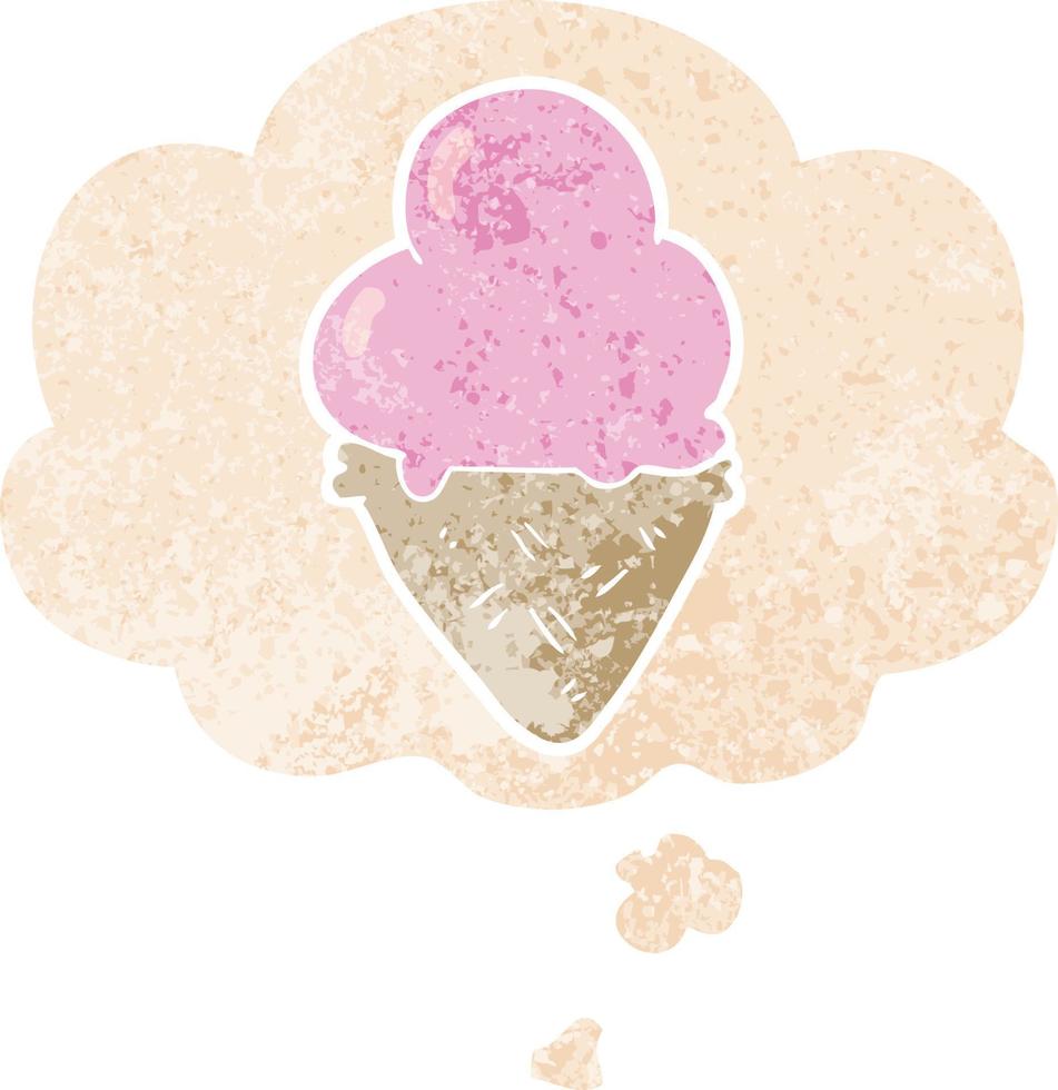 cartoon ice cream and thought bubble in retro textured style vector