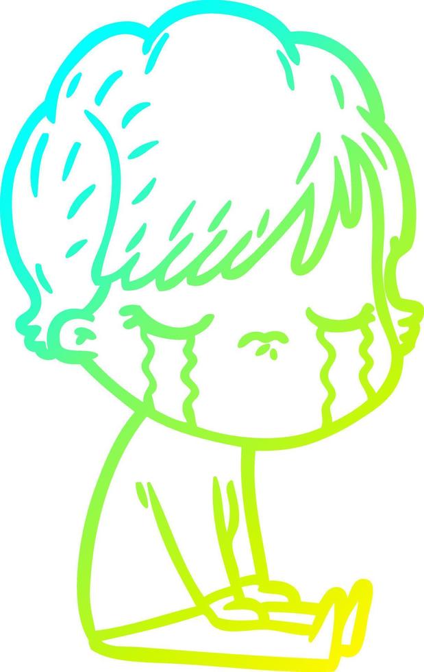 cold gradient line drawing cartoon woman crying vector