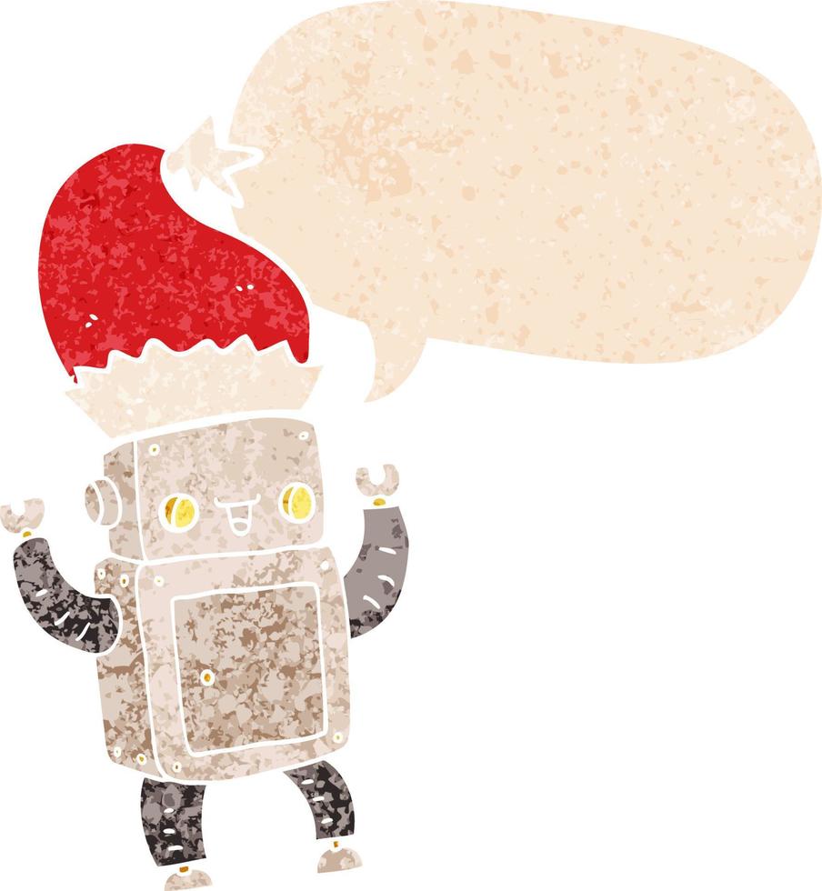 cartoon christmas robot and speech bubble in retro textured style vector