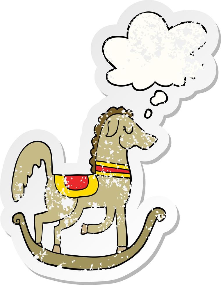 cartoon rocking horse and thought bubble as a distressed worn sticker vector