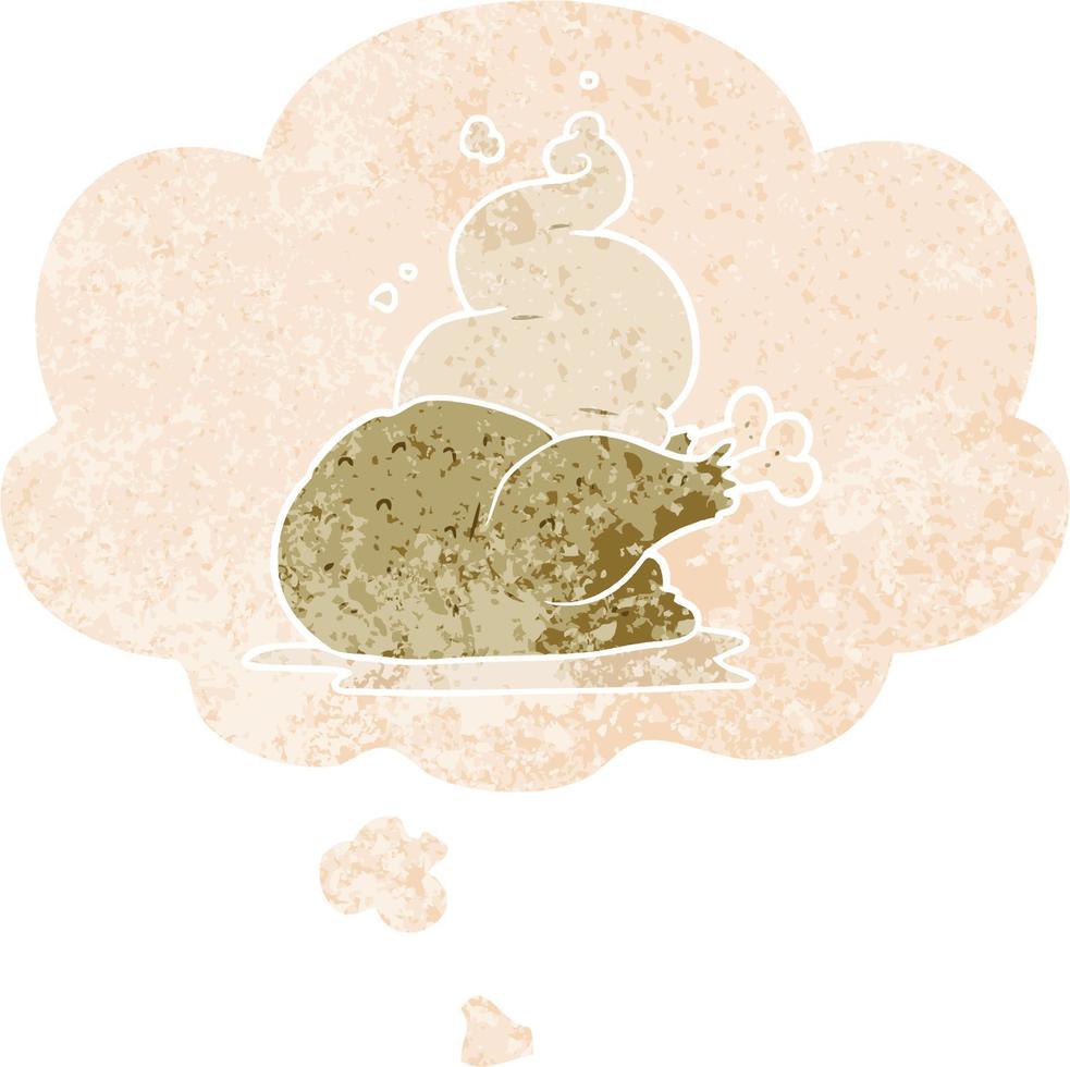 cartoon cooked chicken and thought bubble in retro textured style vector