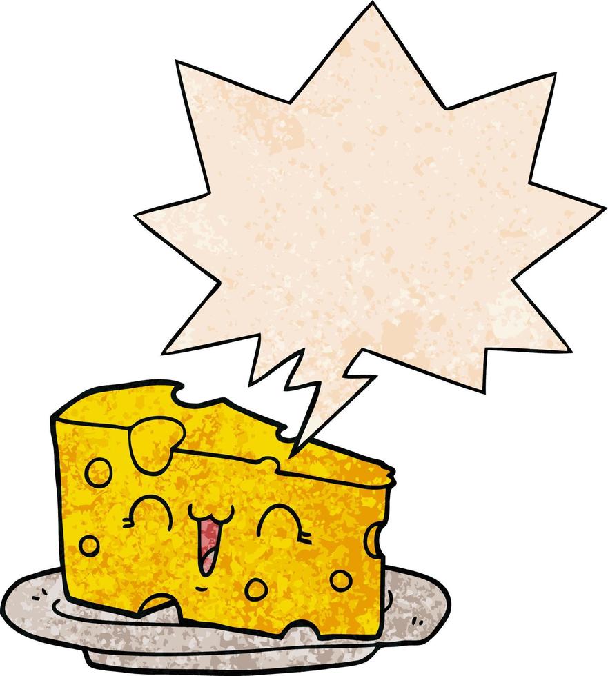 cute cartoon cheese and speech bubble in retro texture style vector