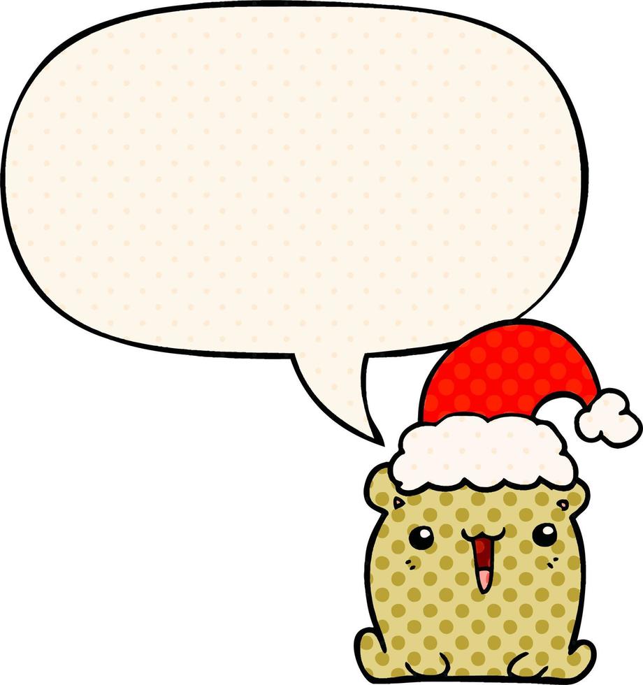 cute cartoon bear and christmas hat and speech bubble in comic book style vector