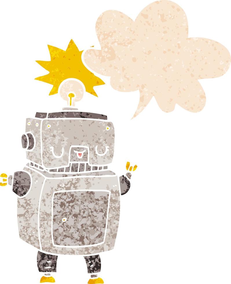 cartoon robot and speech bubble in retro textured style vector