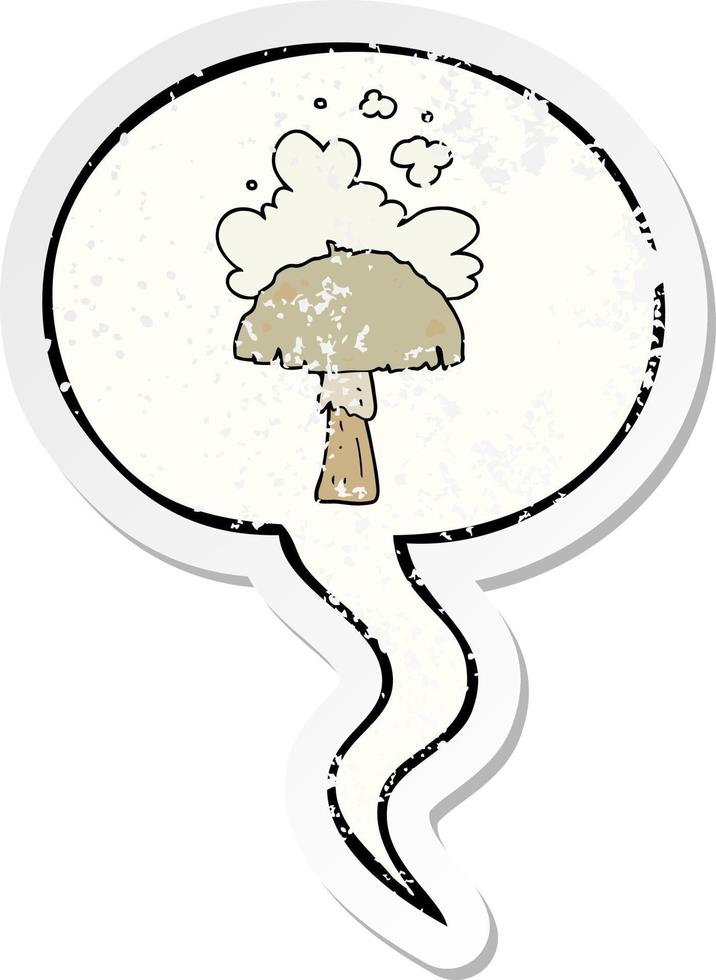 cartoon mushroom and spore cloud and speech bubble distressed sticker vector