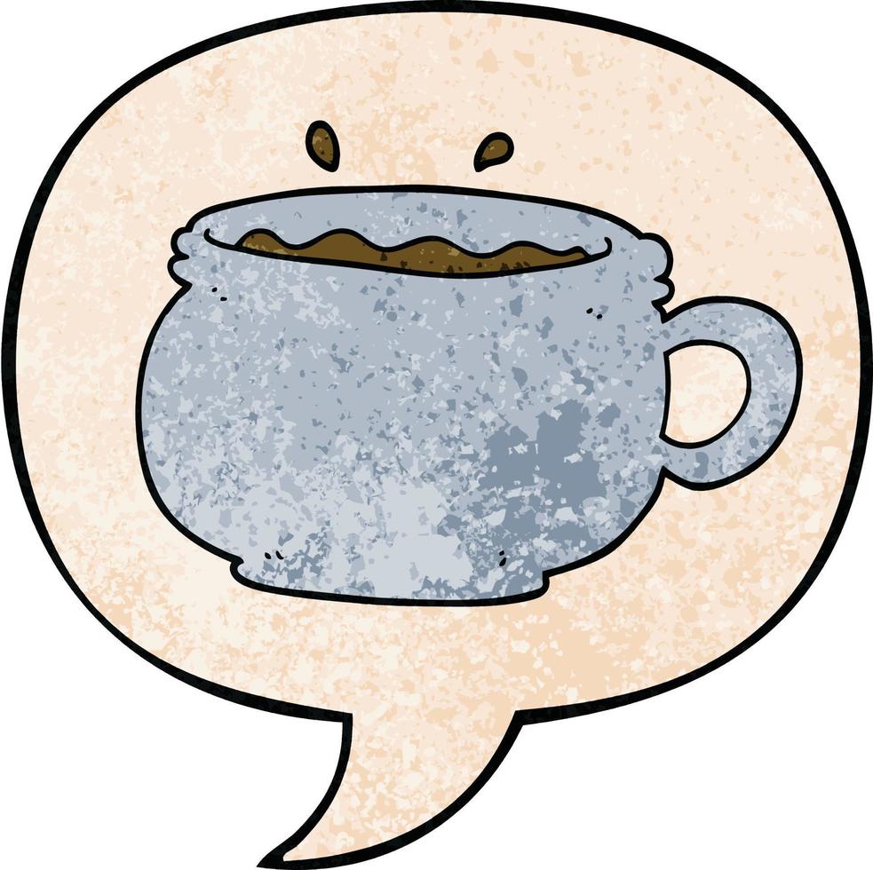 cartoon hot cup of coffee and speech bubble in retro texture style vector