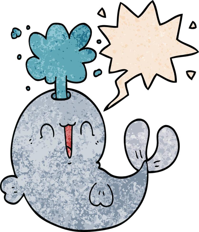 cartoon whale spouting water and speech bubble in retro texture style vector