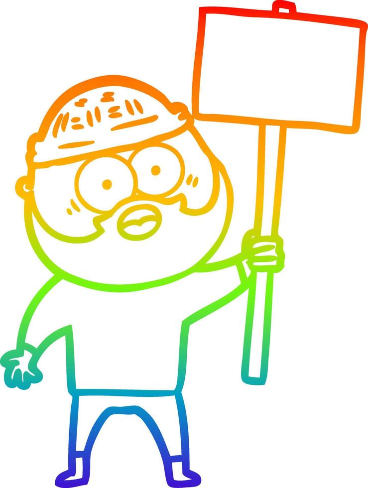 rainbow gradient line drawing cartoon bearded man with signpost vector