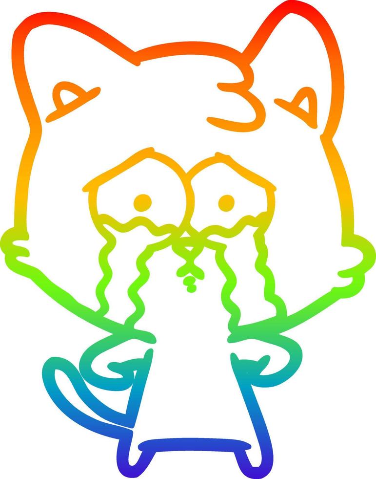 rainbow gradient line drawing cartoon crying cat vector