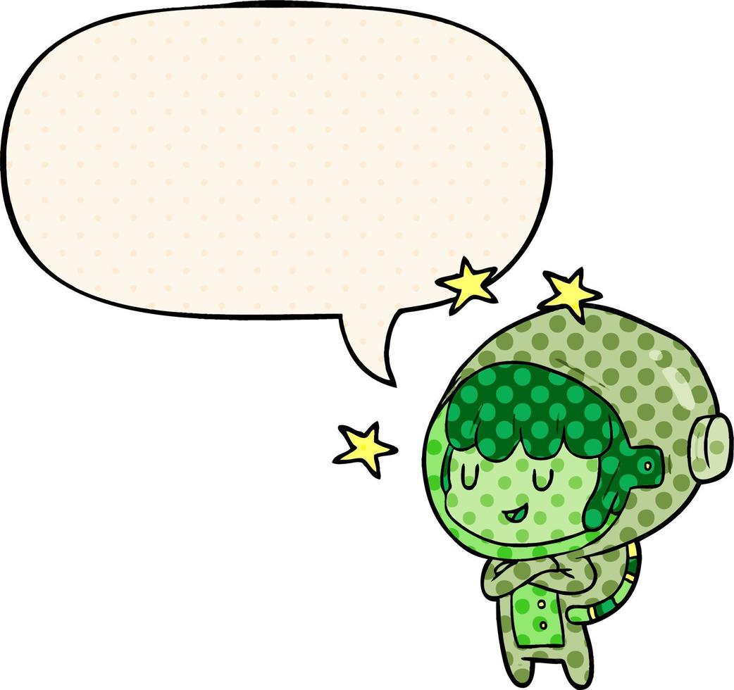 cartoon female future astronaut in space suit and speech bubble in comic book style vector