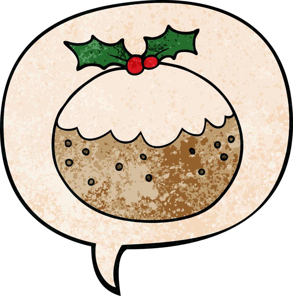 pudín de navidad de dibujos animados y burbuja de habla en estilo de textura retro vector